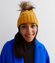 New Look Yellow Cable Knit Faux Fur Pom Pom Bobble Hat